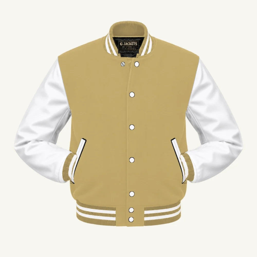 G Jackets Kids Classic Wool & PU Leather Varsity Jacket, Vegas Gold/White, front view