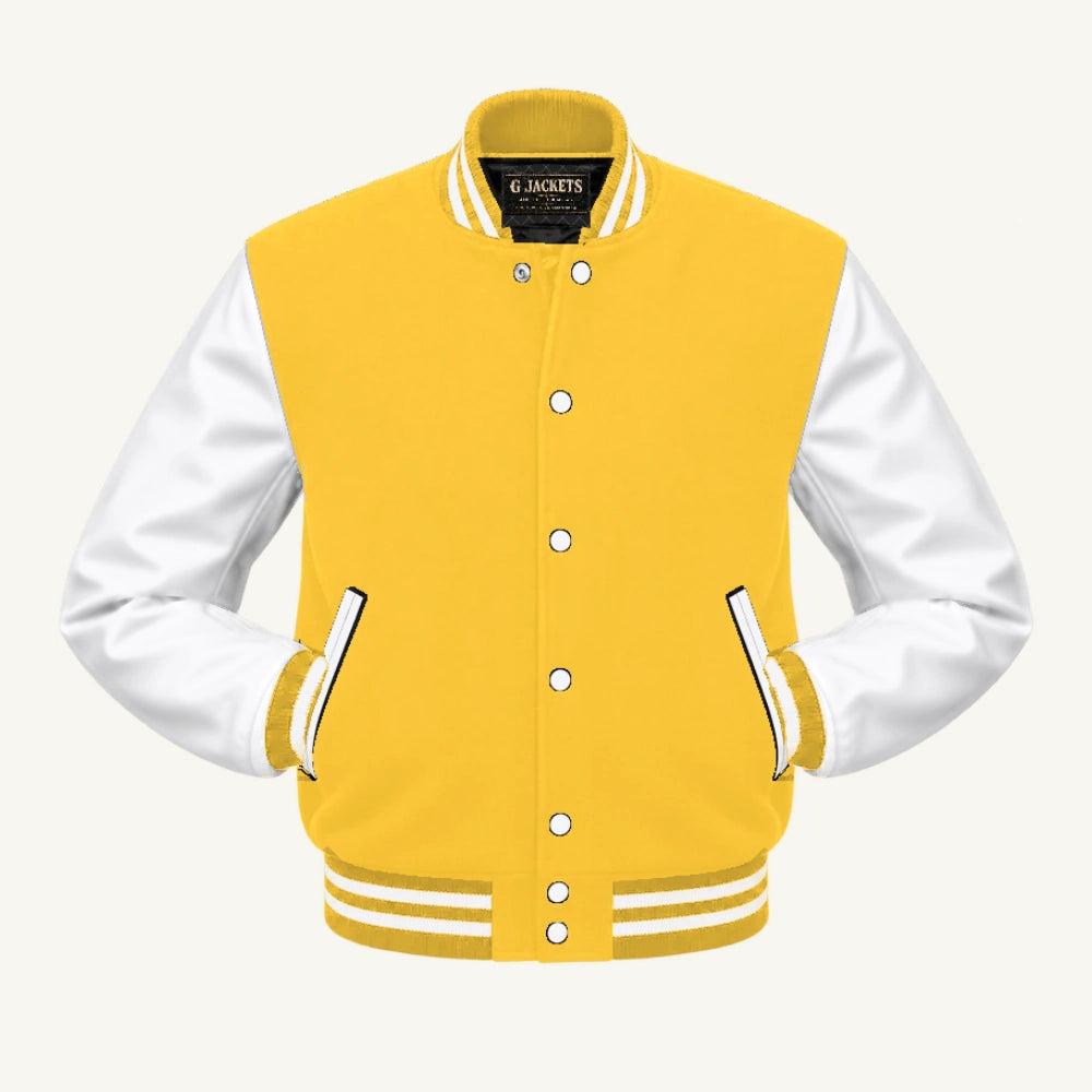 G Jackets Classic Wool & PU Leather Varsity Jacket, Yellow/White, front view