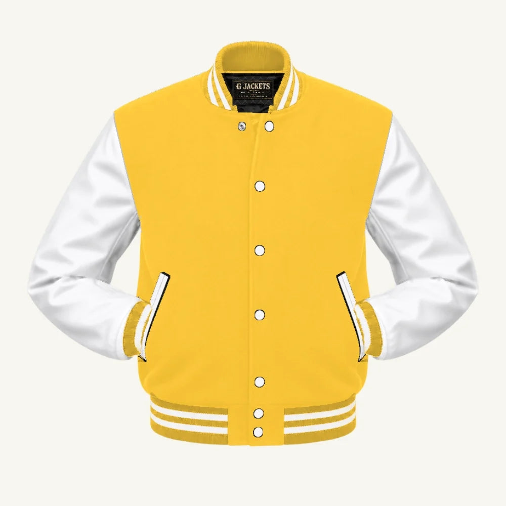 G Jackets Kids Classic Wool & PU Leather Varsity Jacket, Yellow/White, front view