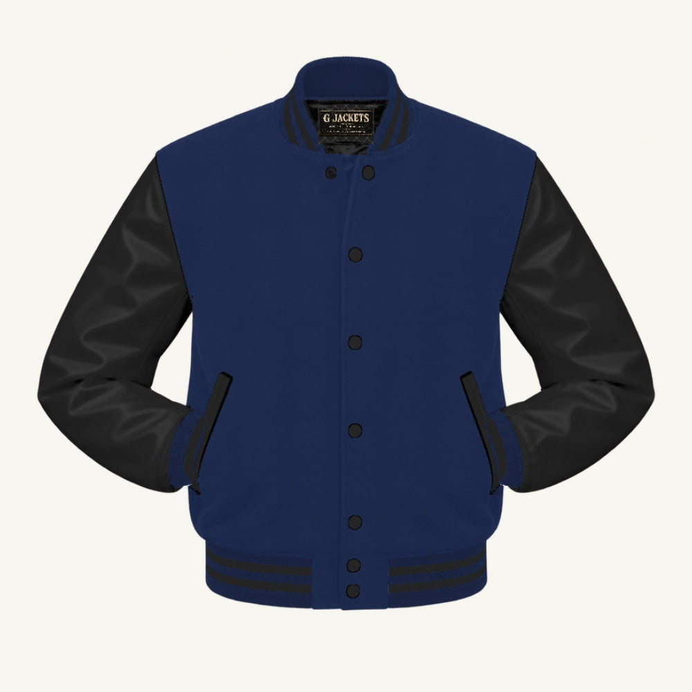 G Jackets Classic Wool & PU Leather Varsity Jacket, Navy Blue/Black, front view