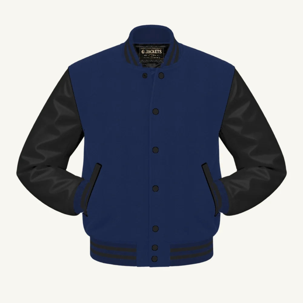 G Jackets Kids Classic Wool & PU Leather Varsity Jacket, Navy Blue/Black, front view