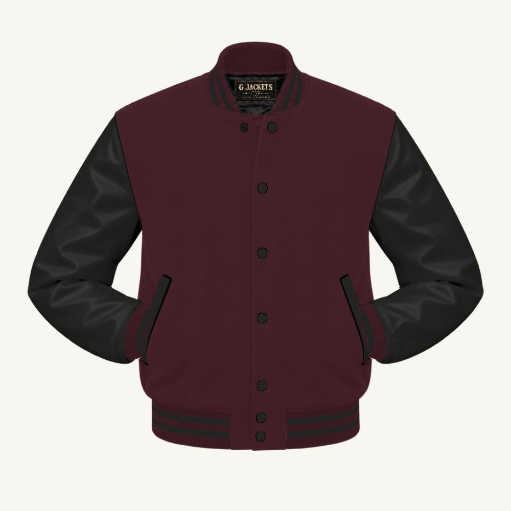 G Jackets Classic Wool & PU Leather Varsity Jacket, Maroon/Black, front view