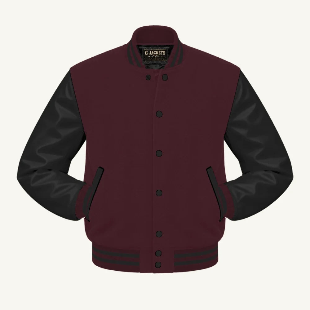 G Jackets Kids Classic Wool & PU Leather Varsity Jacket, Maroon/Black, front view