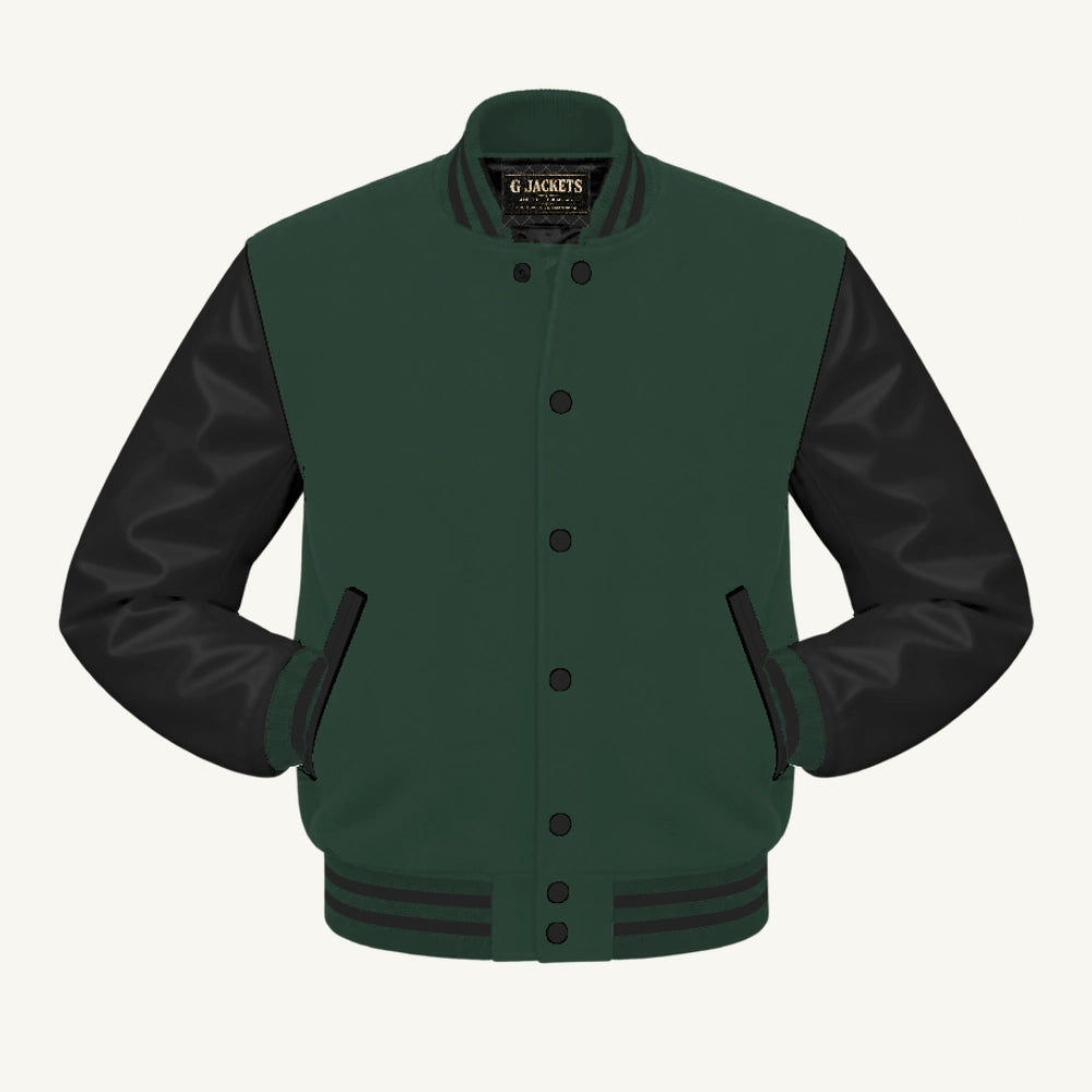 G Jackets Classic Wool & PU Leather Varsity Jacket, Forest Green/Black, front view