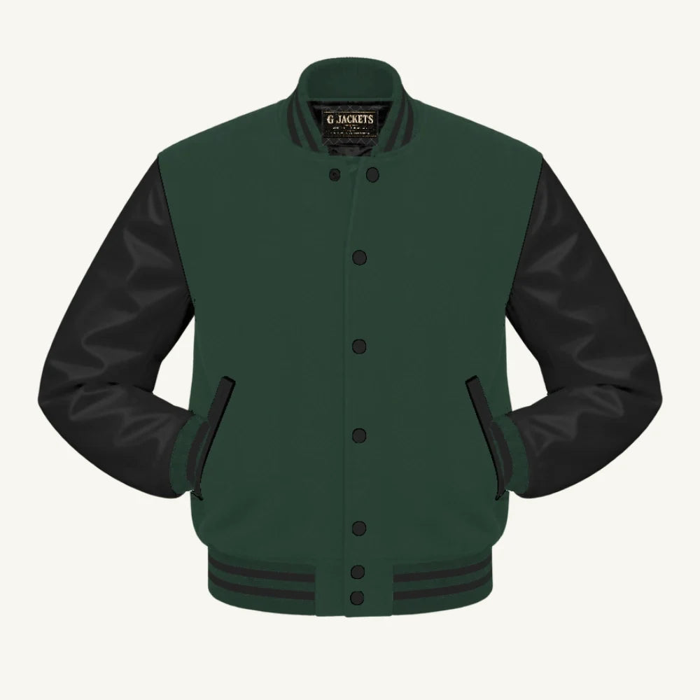 G Jackets Kids Classic Wool & PU Leather Varsity Jacket, Forest Green/Black, front view