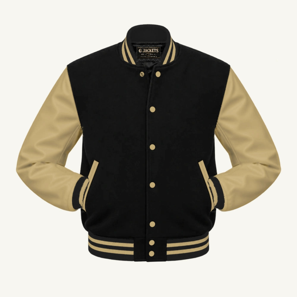 G Jackets Classic Wool & PU Leather Varsity Jacket, Black/Tan, front view