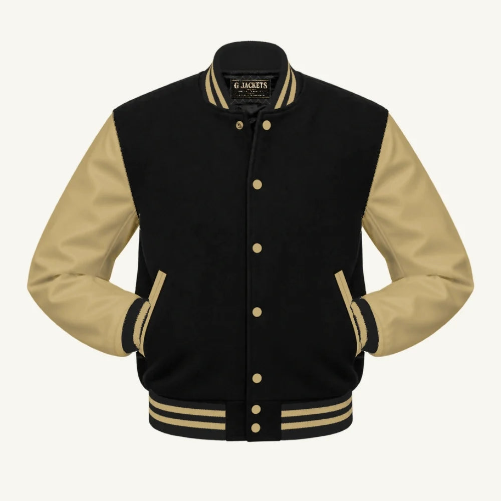 G Jackets Kids Classic Wool & PU Leather Varsity Jacket, Black/Tan, front view